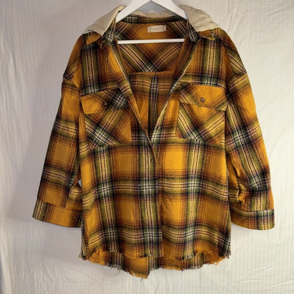Altar'd State Jackets & Blazers - Alterd State Flannel Hoodie Shacket Women Size Sm Yellow Plaid Button Up Raw Hem